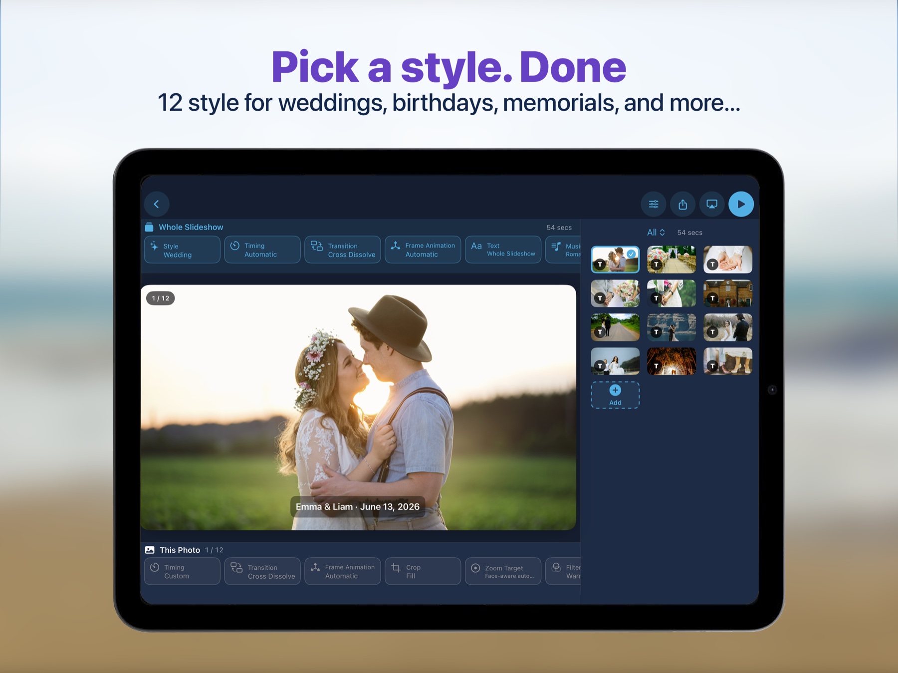 Slideshow Ready editor with a wedding style applied to a set of photos.