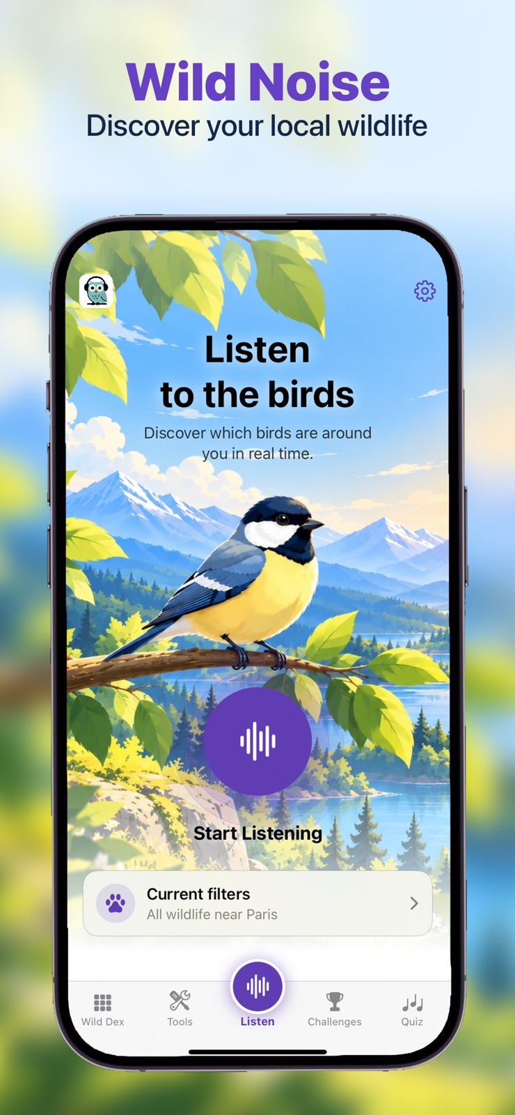 Wild Noise 1.30 on iPhone: the new Listen screen, with a great tit illustration and a Start Listening button.