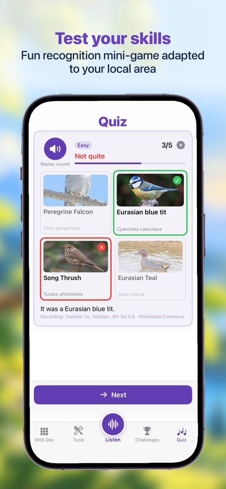 Bird Sound Quiz showing a bird call question with four photo answers.