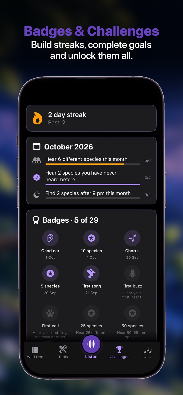 Wild Noise discovery streaks, seasonal challenges, and earned badges.