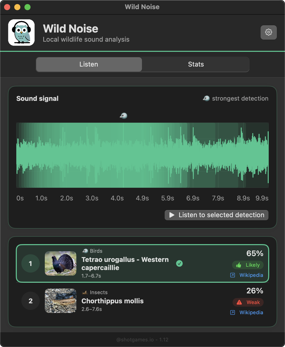 The Wild Noise results screen: a green waveform above two ranked matches, a Western capercaillie at 65 percent marked Likely and a grasshopper at 26 percent marked Weak.