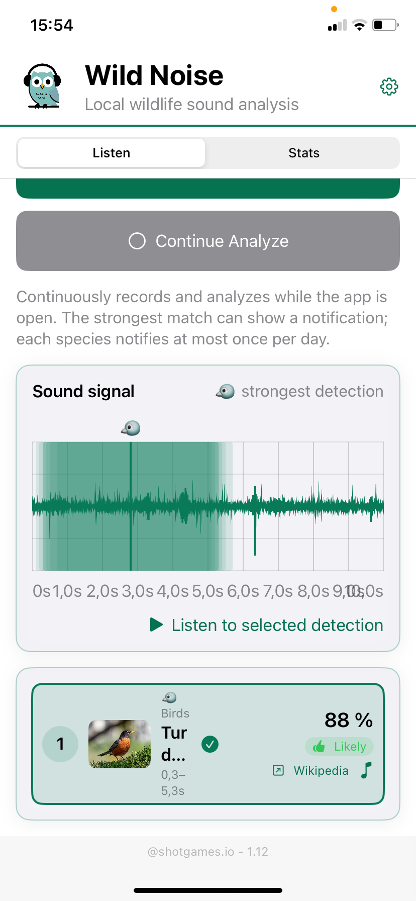 Wild Noise on iPhone: a green waveform with the strongest detection highlighted, and a ranked bird match at 88 percent marked Likely.